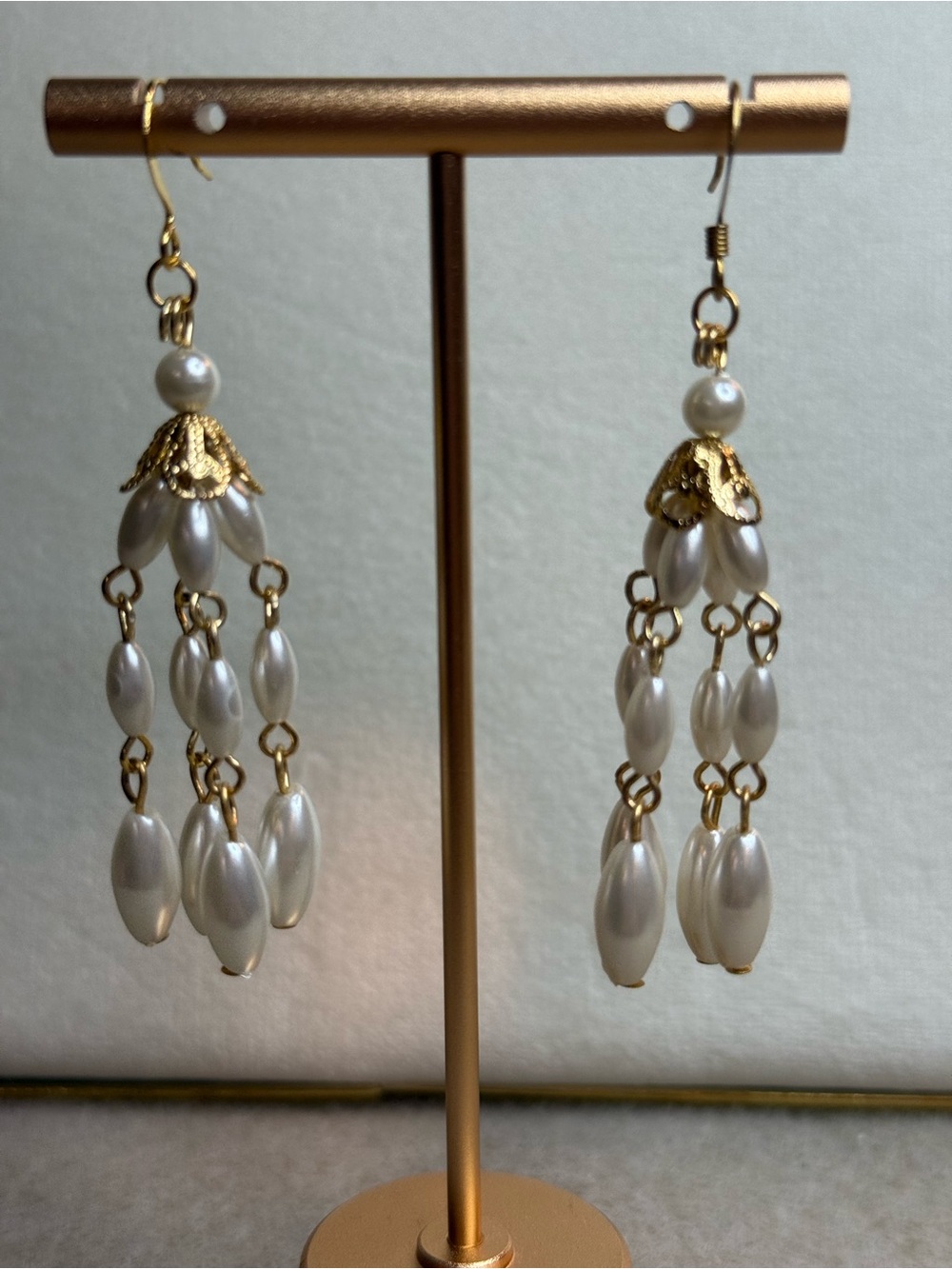 Faux White Oblong Pearl Chandelier Earrings - Handmade NWT
